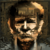 Donald Trump with a background of a wasteland